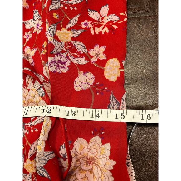 Lush Red Floral Wrap Dress Women's Medium Short Sleeve Ruffle Chiffon Lined - Picture 12 of 15